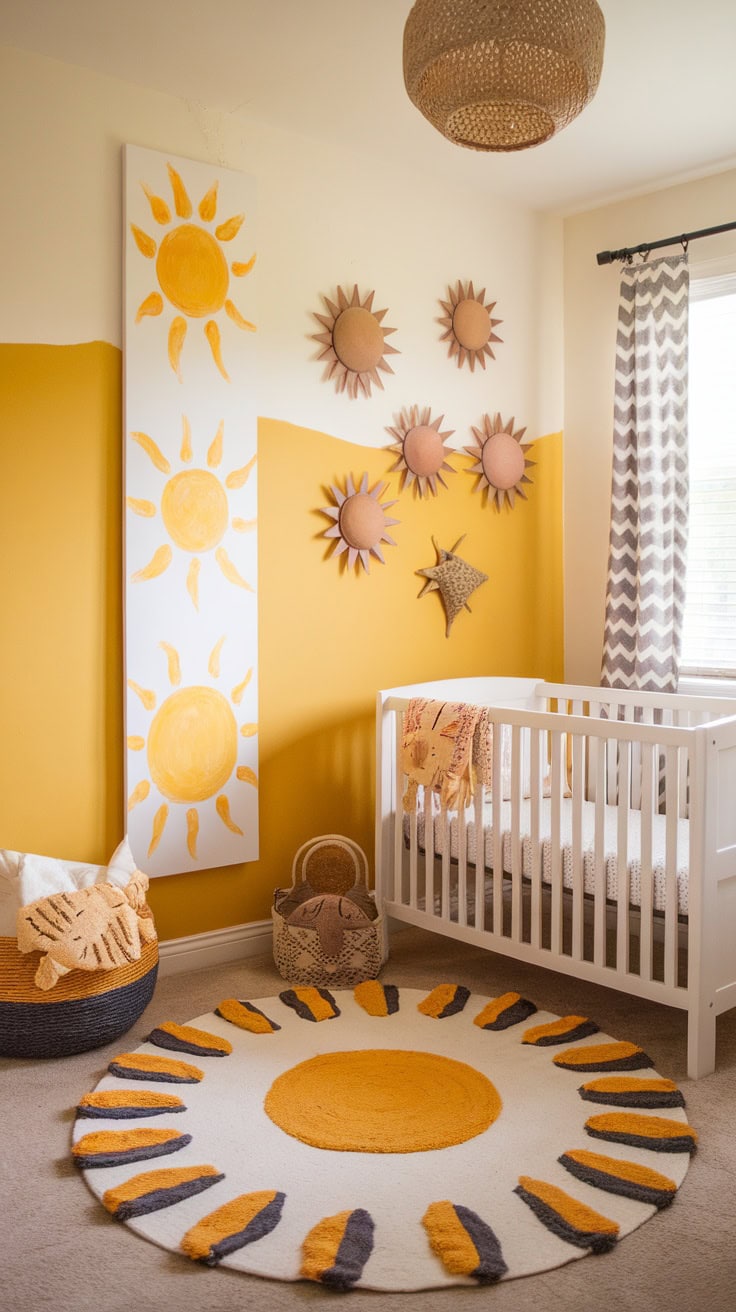 Boho nursery with growth chart and sun-themed decor.