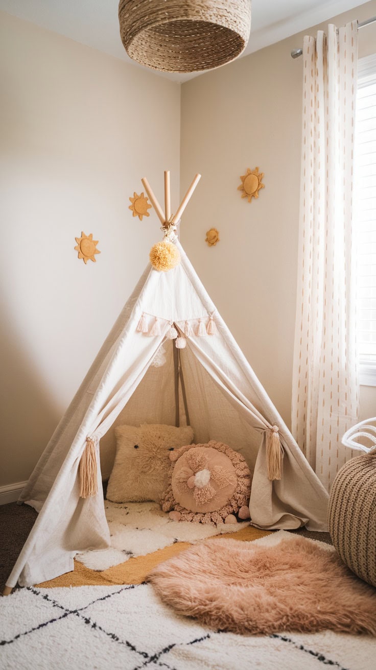 A cozy boho teepee in the child's room surrounded by soft pillows and blankets.