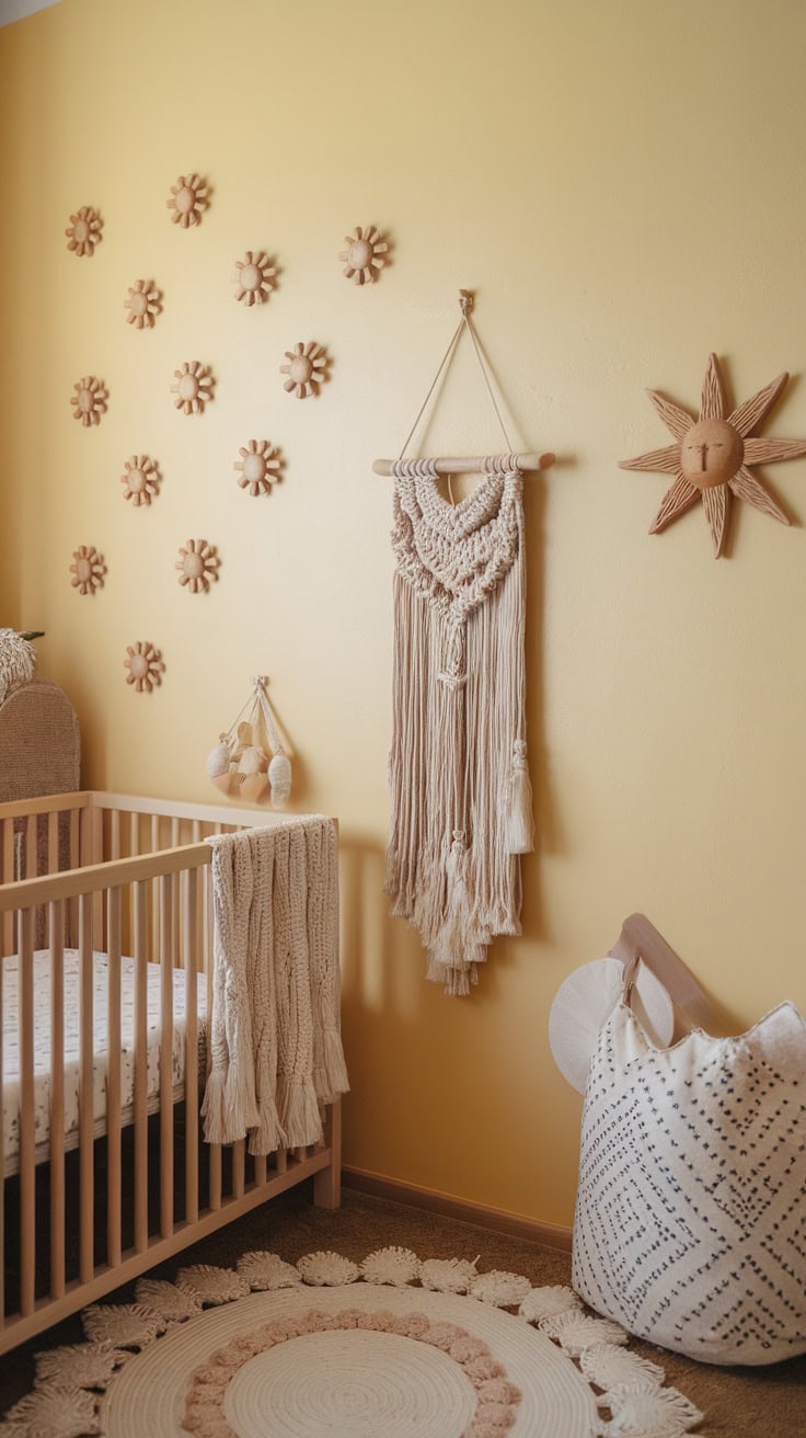 A cozy boho nursery with wall hooks, a crib and cheerful decor.