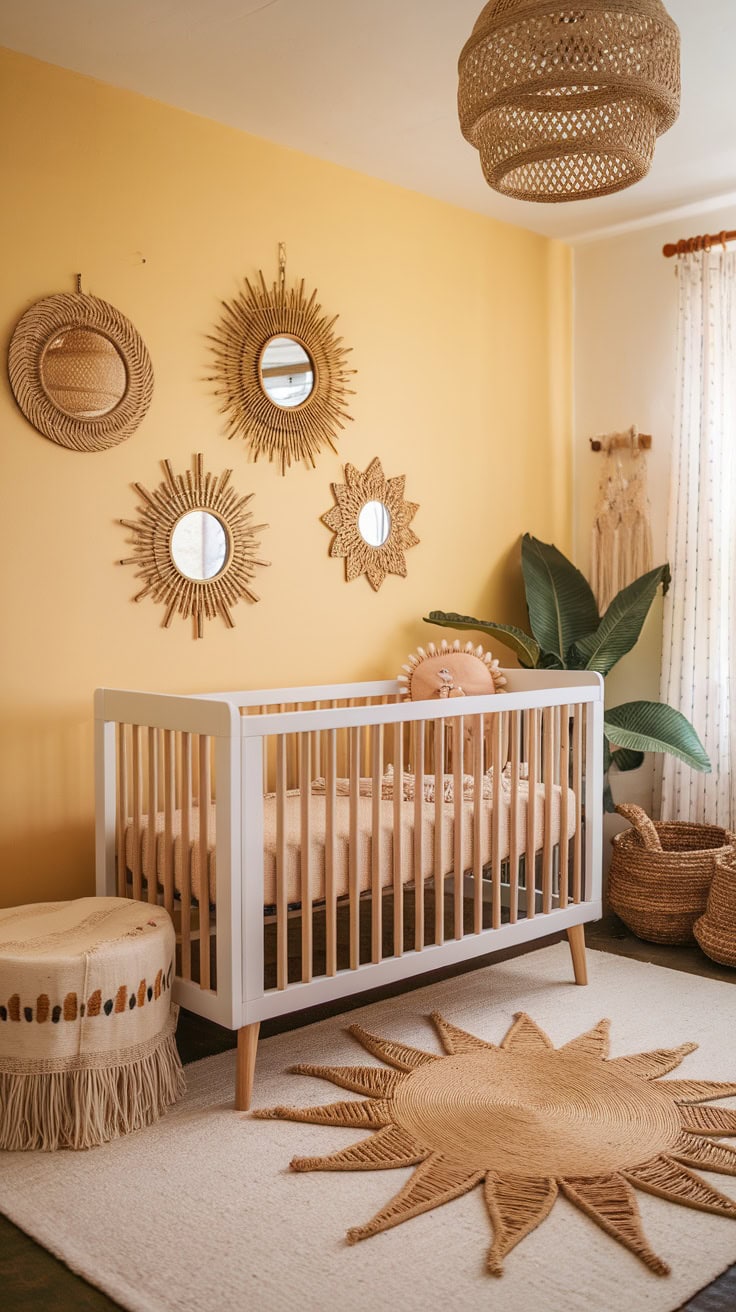 A cozy children's room with hanging sun mirrors on a yellow wall, a crib and natural decor.