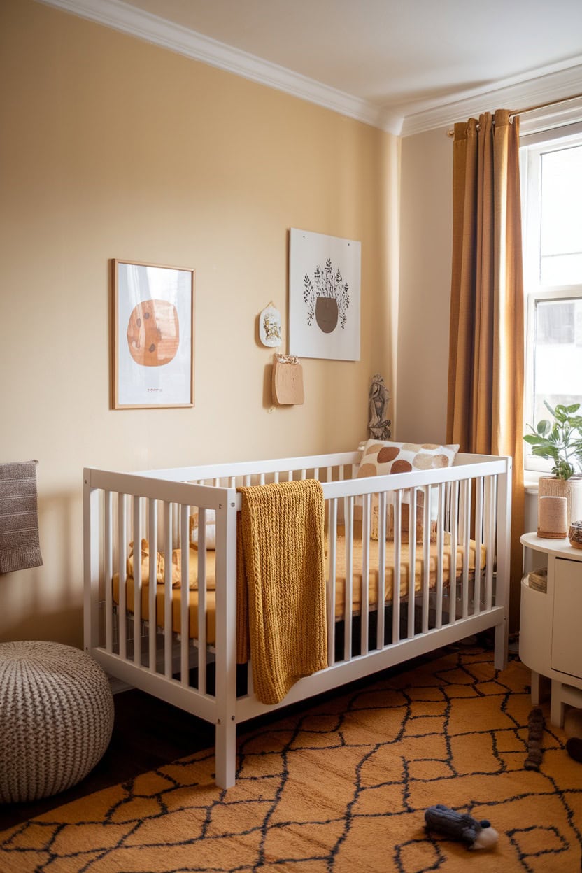 A cozy children's room with mustard yellow bedding and decor.