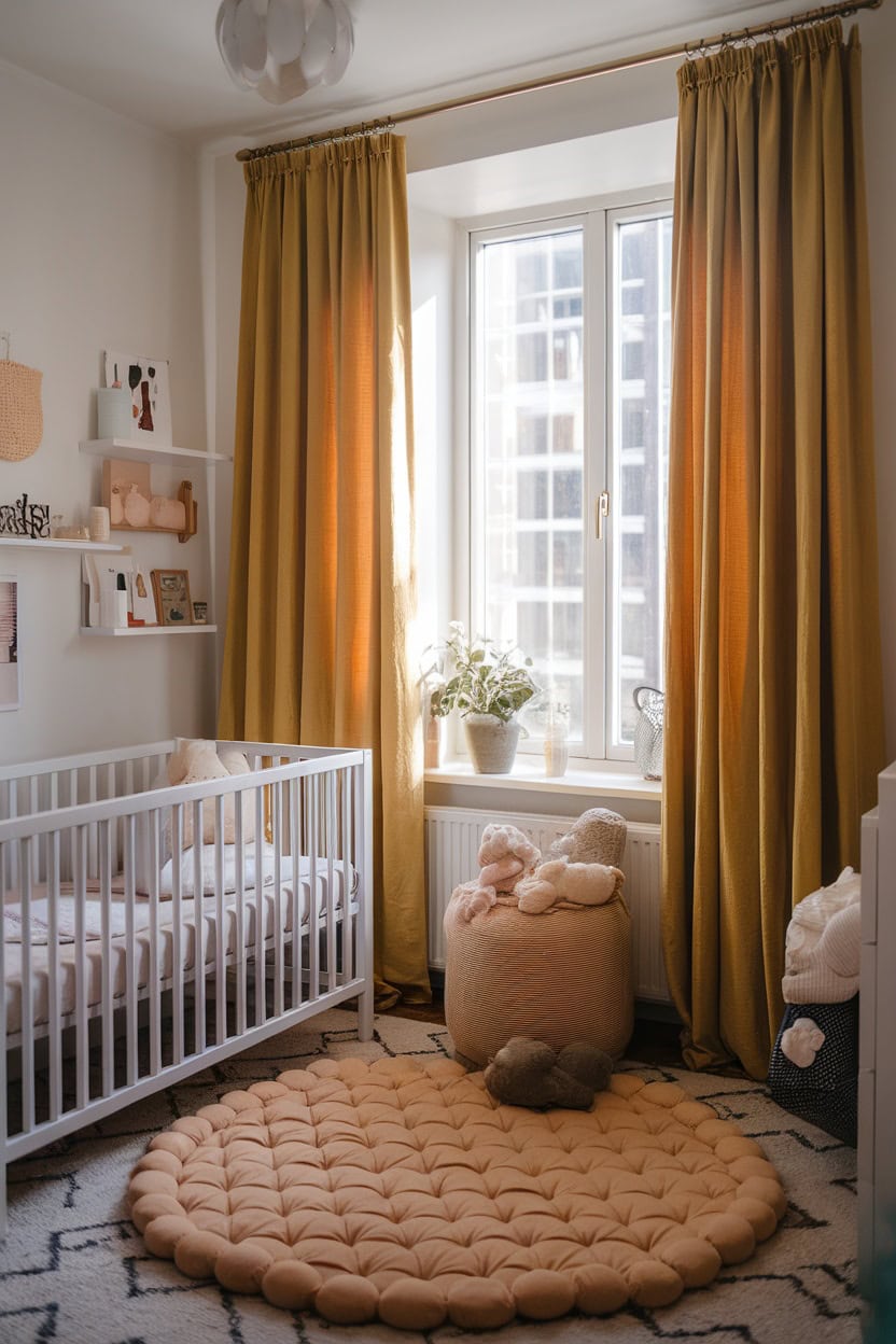 Bright mustard yellow curtains hang in a cozy children's room with a cot and plush toys.