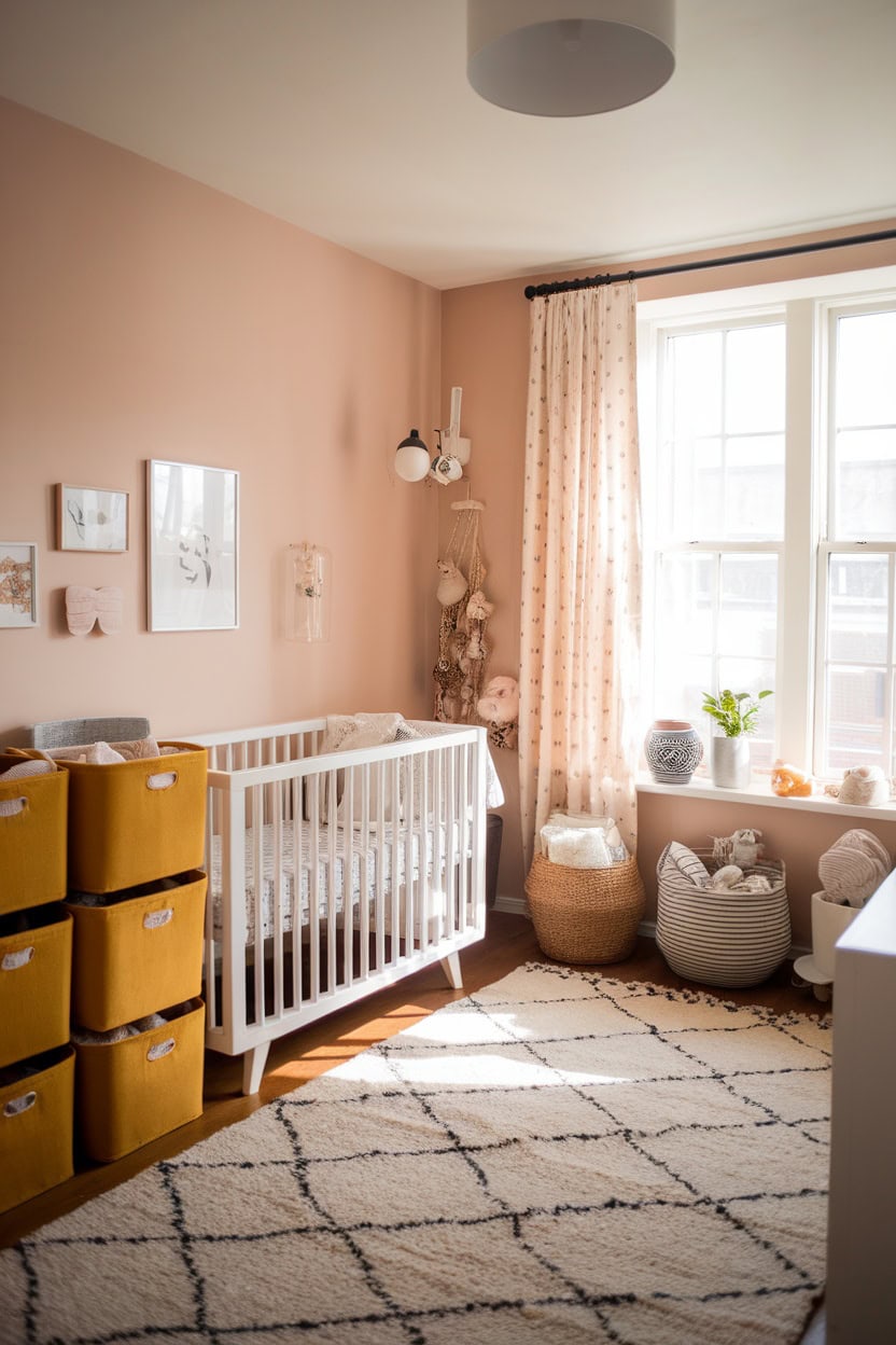 A cozy nursery with mustard yellow storage baskets, a white crib and soft pastel decor.