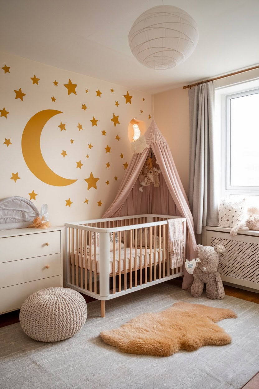 Children's room with mustard yellow wall stickers with stars and moon, presenting a cozy children's bed and playful decoration.