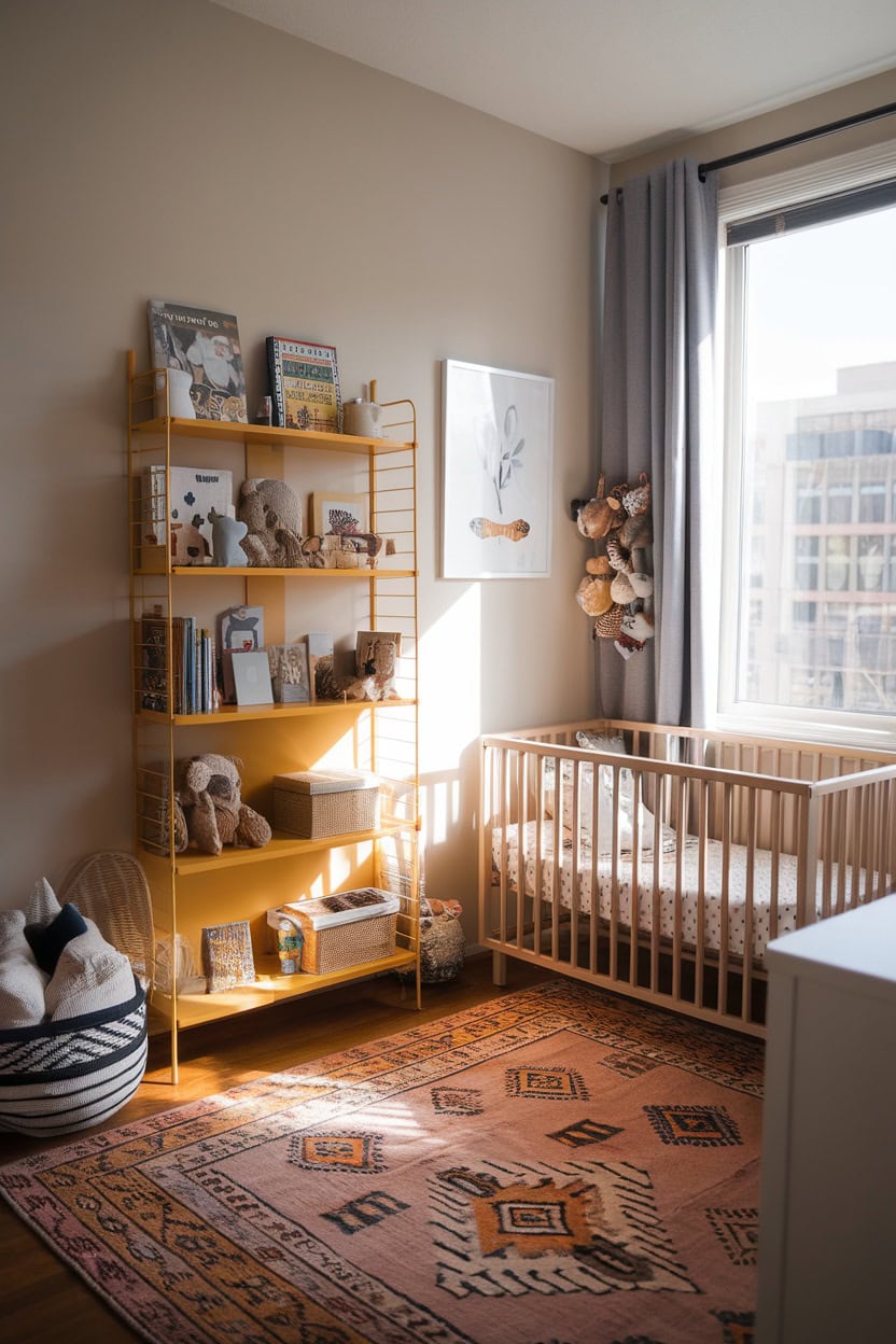 A cozy children's room corner with a mustard yellow bookshelf full of books and toys as well as a wooden bed and a patterned rug.