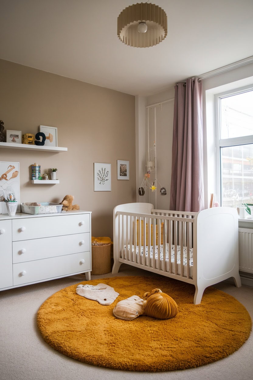 Cozy children's room with a mustard yellow round rug in front of a cot and a chest of drawers.