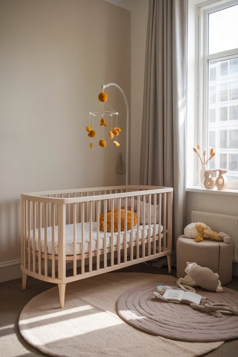 A children's room with a wooden cot, a mustard yellow mobile hanging above it, surrounded by soft textiles and natural light.