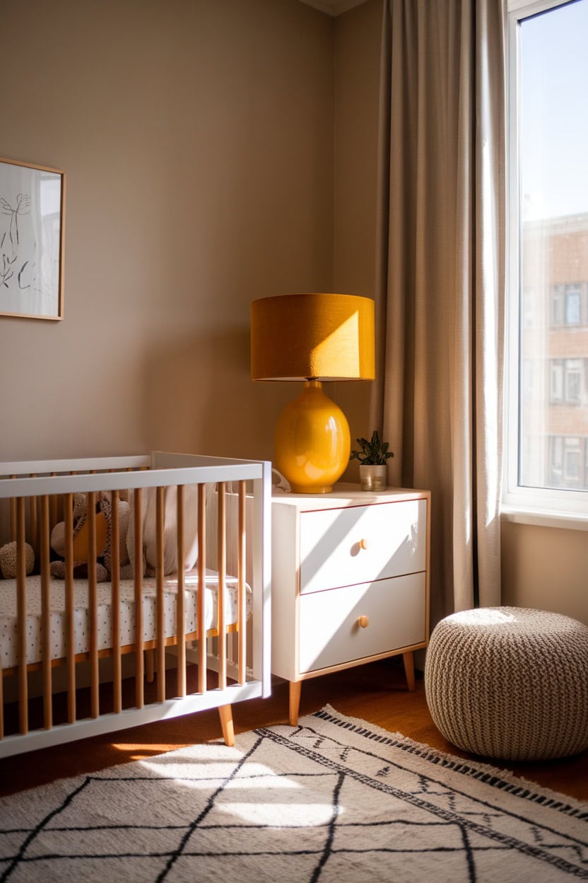 A cozy children's room with a mustard yellow lampshade, cot and bright decor.