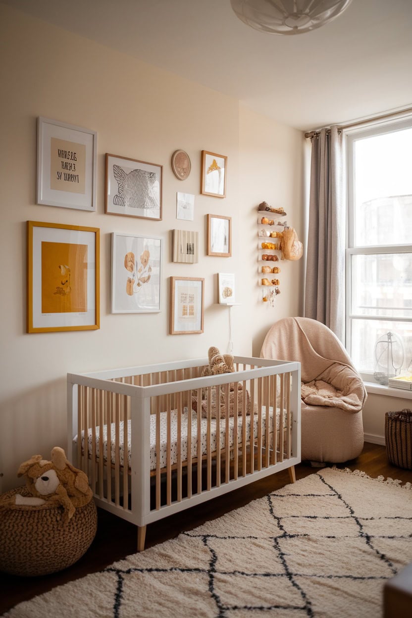 A cozy children's room with mustard yellow artwork on the wall, a white crib and a comfortable chair.