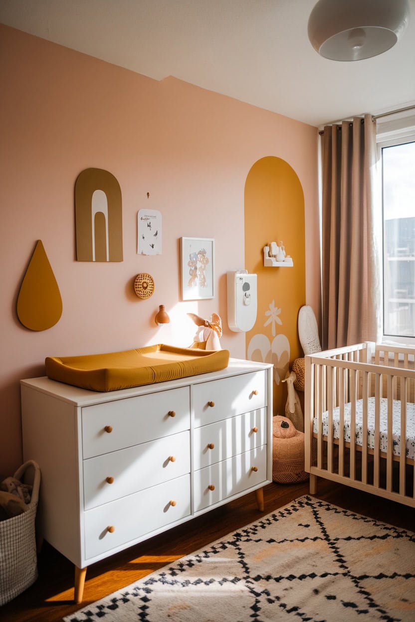 A cozy children's room with a mustard yellow changing mat on a chest of drawers, complemented by soft colors and decorative elements.