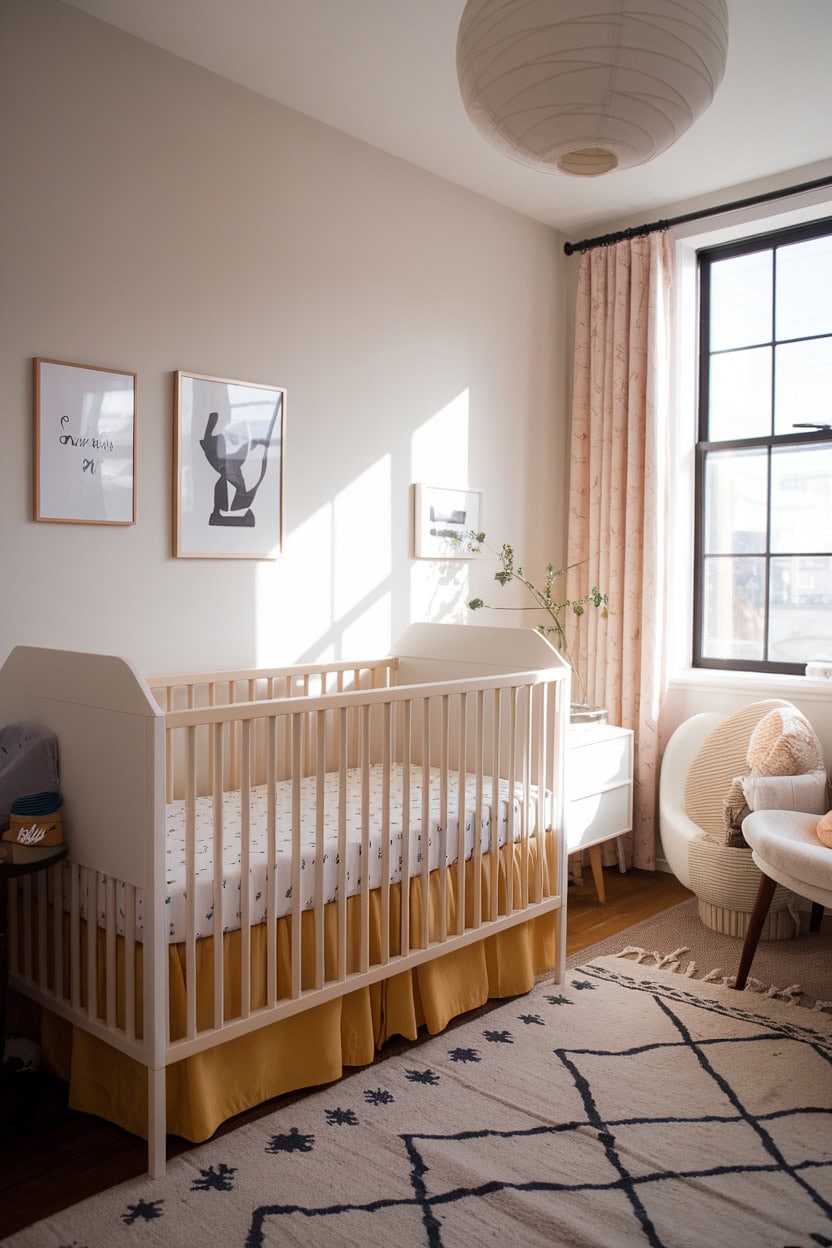 A stylish children's room with a mustard yellow crib skirt.