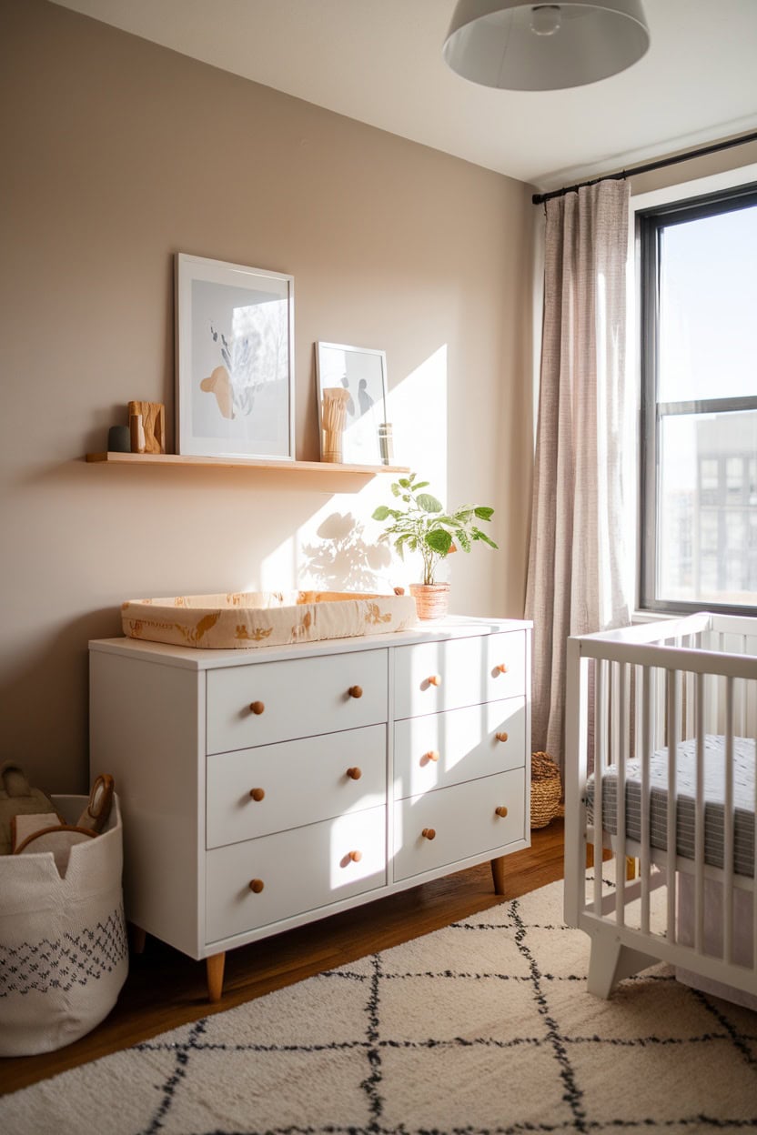 A cozy children's room with a white chest of drawers with mustard yellow drawer knobs.