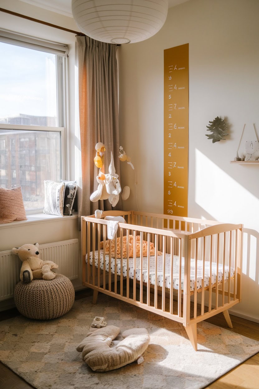 A cozy children's room with a mustard yellow growth chart next to a wooden bed.