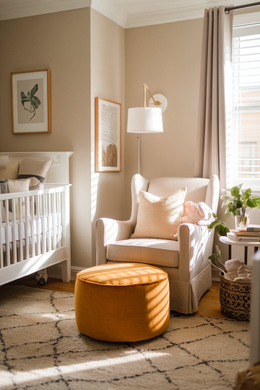 A mustard yellow ottoman in a cozy children's room with a cot and armchair.