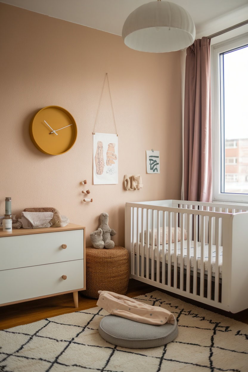 A children's room with a mustard yellow wall clock, light pink walls, a crib and decorative elements.