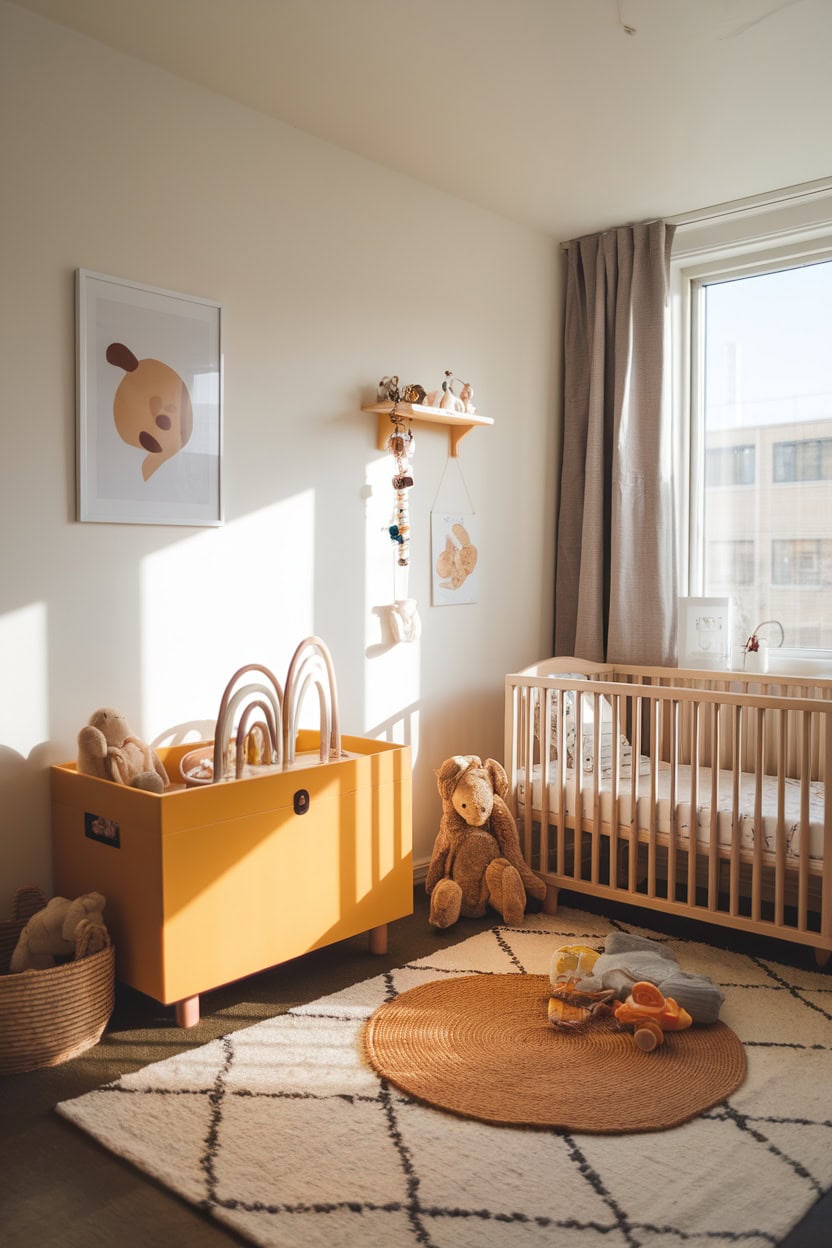 A mustard yellow toy chest in a child's room with a cot and stuffed animals.