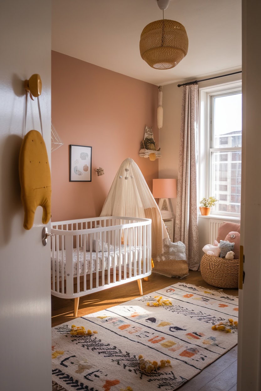 A mustard yellow door hanger hanging on a white door leading into a cozy children's room.