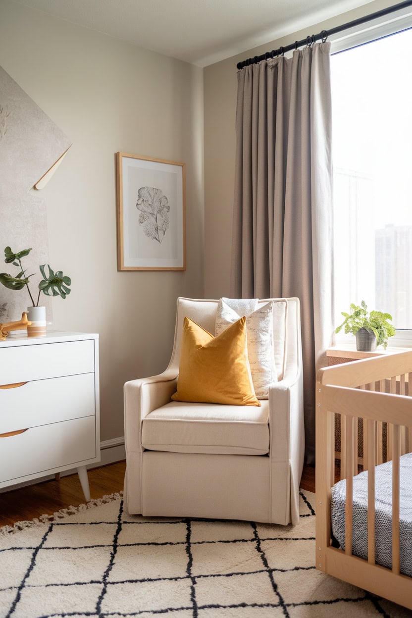 A children's room corner with a comfortable chair with mustard yellow cushions, a cot and stylish furnishings.