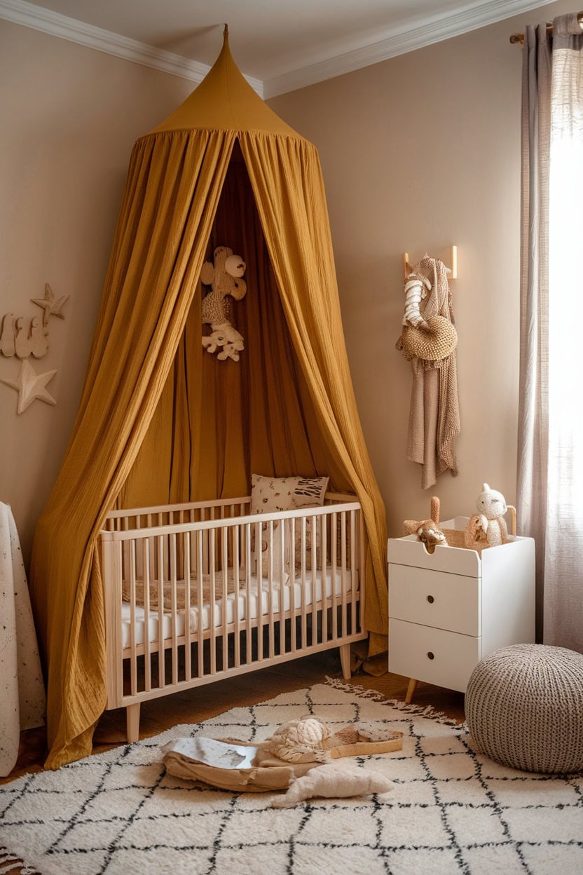 A children's room with a mustard yellow canopy over a crib, creating a cozy and inviting space.