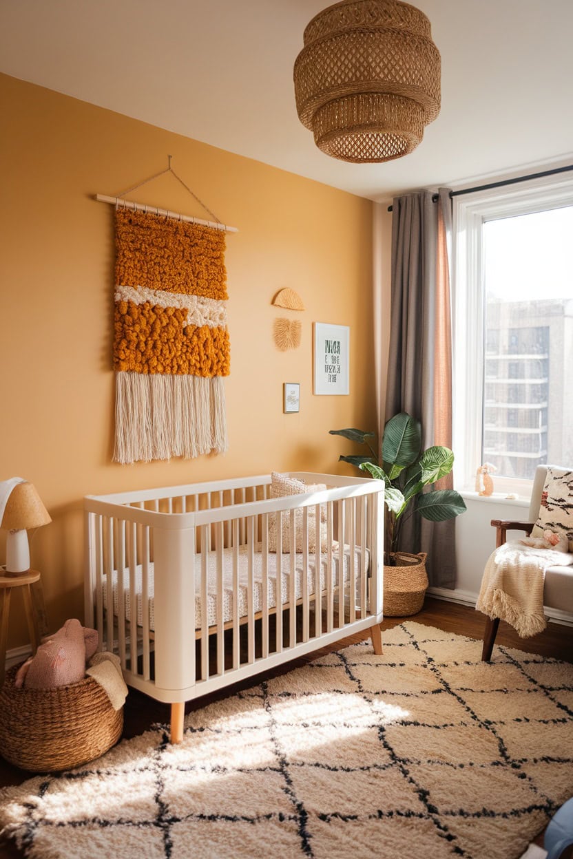 A children's room with a mustard yellow wall hanging with a cot and decorative elements.