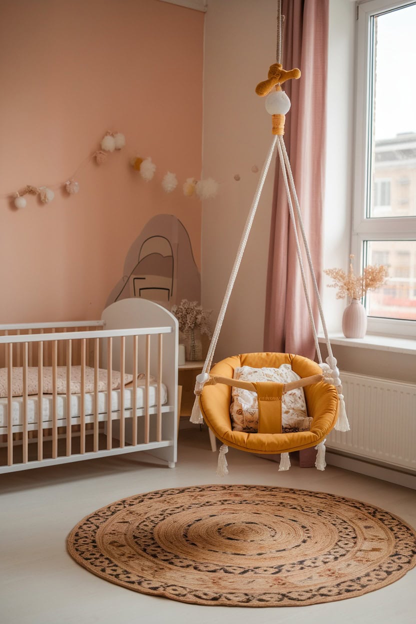 A cozy children's room with a mustard yellow baby swing, a cot and a decorative rug.