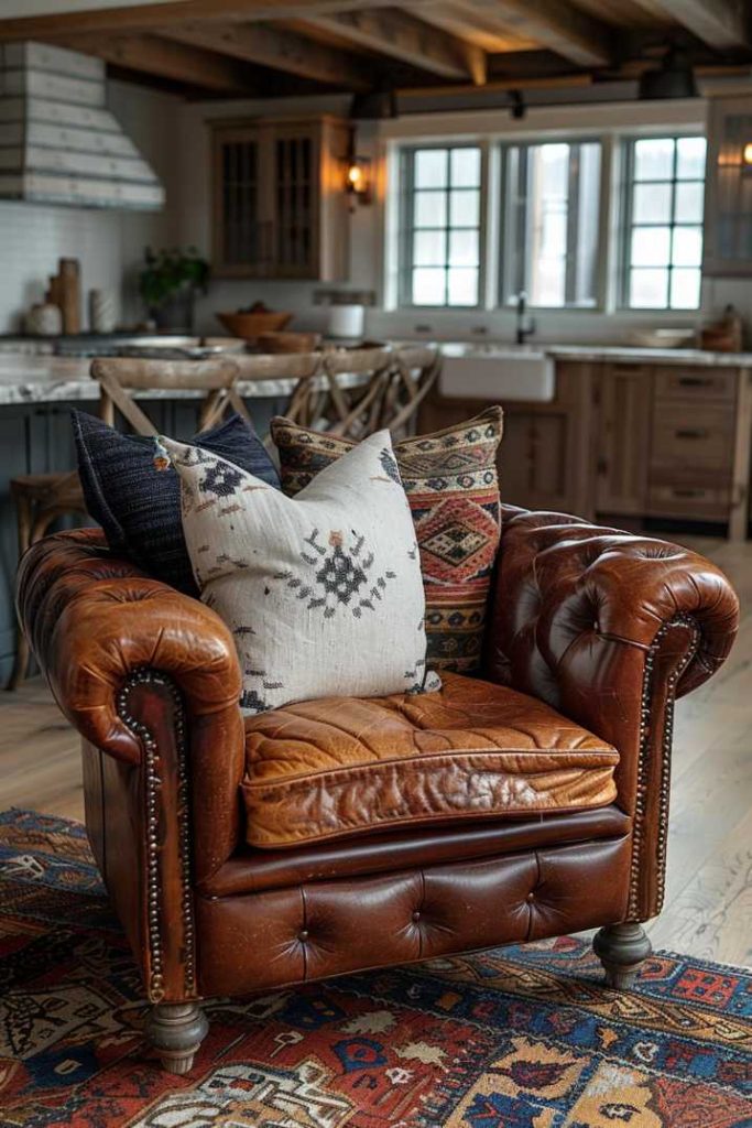 You'll love the worn leather chair that whispers tales of the Wild West, with throw pillows that add a touch of Southwestern joie de vivre.