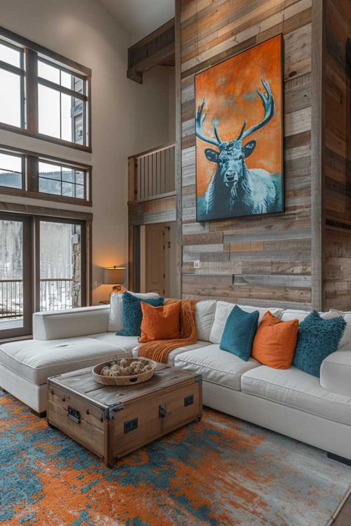 Touches of turquoise and coral in the pillows and wall murals breathe life into a space dominated by earthy wood surfaces.