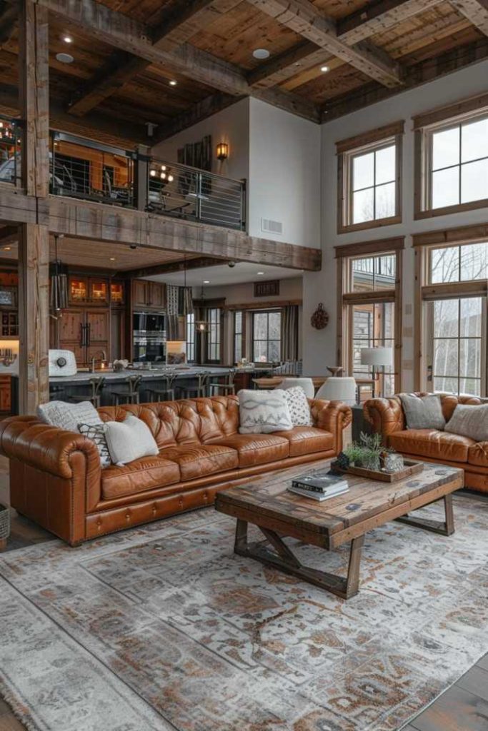 Rustic touches like a barnwood coffee table blend seamlessly with sleek tufted leather seating, creating a down-to-earth yet elegant atmosphere.