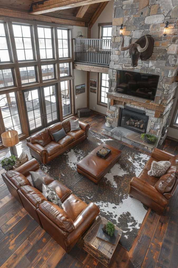 A sturdy stone fireplace dominates the area, flanked by leather lounges that tell stories of roping oxen under a wide open sky, creating the perfect western-chic vibe.