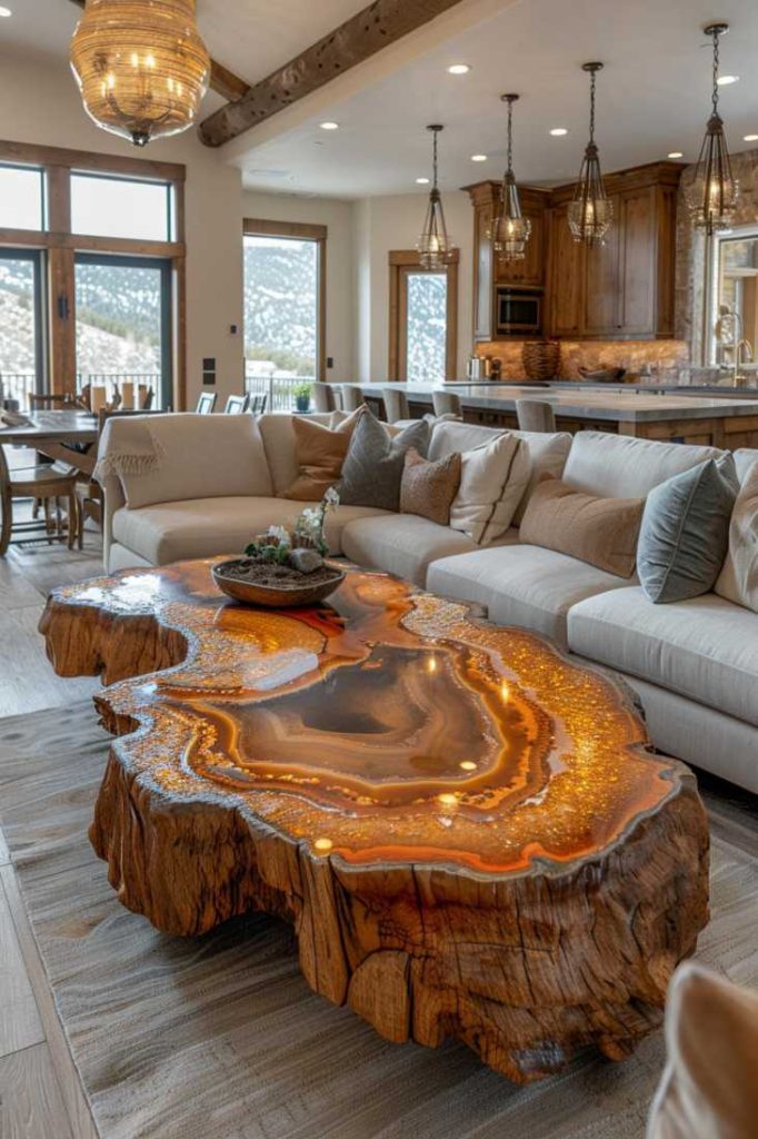 The coffee table made from natural, precious geode is combined with neutral details to create a space that feels like a mining tycoon's personal retreat.