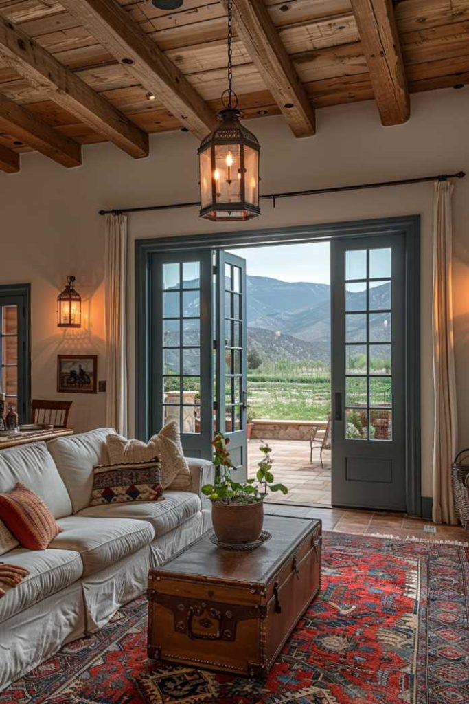 A lantern-style chandelier hangs above the room, evoking the bygone era of stagecoaches and Western mail routes.