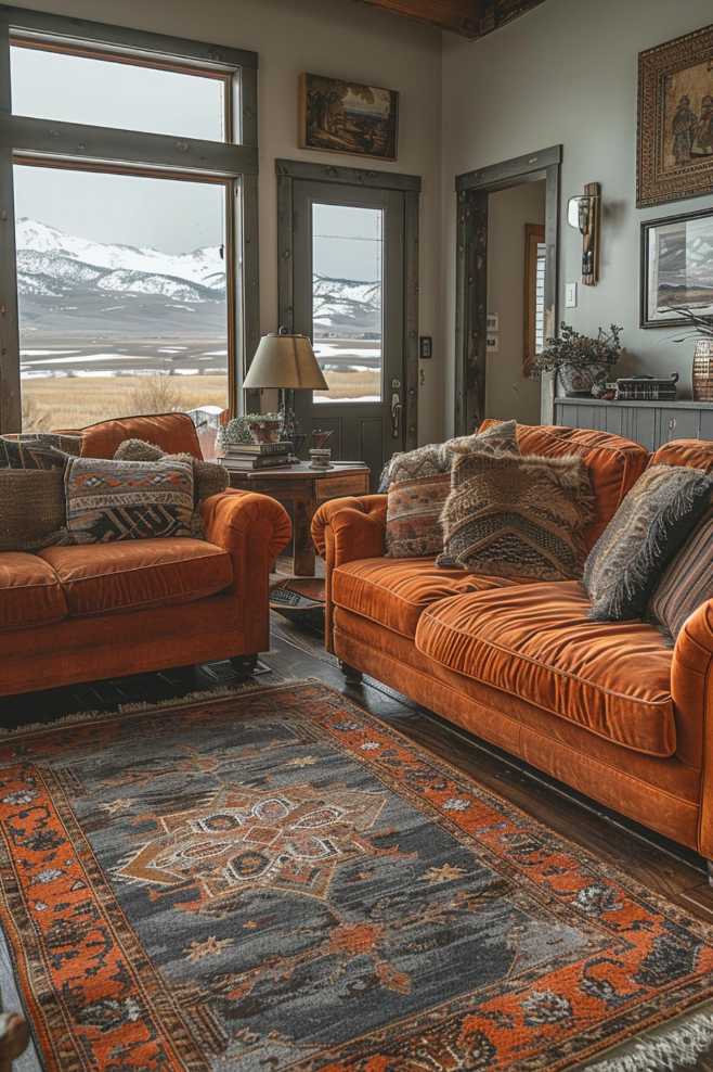 Smooth suede sofas are complemented by Native American art, inviting a quiet moment of reflection and evoking the reflective sunsets over the Sierras