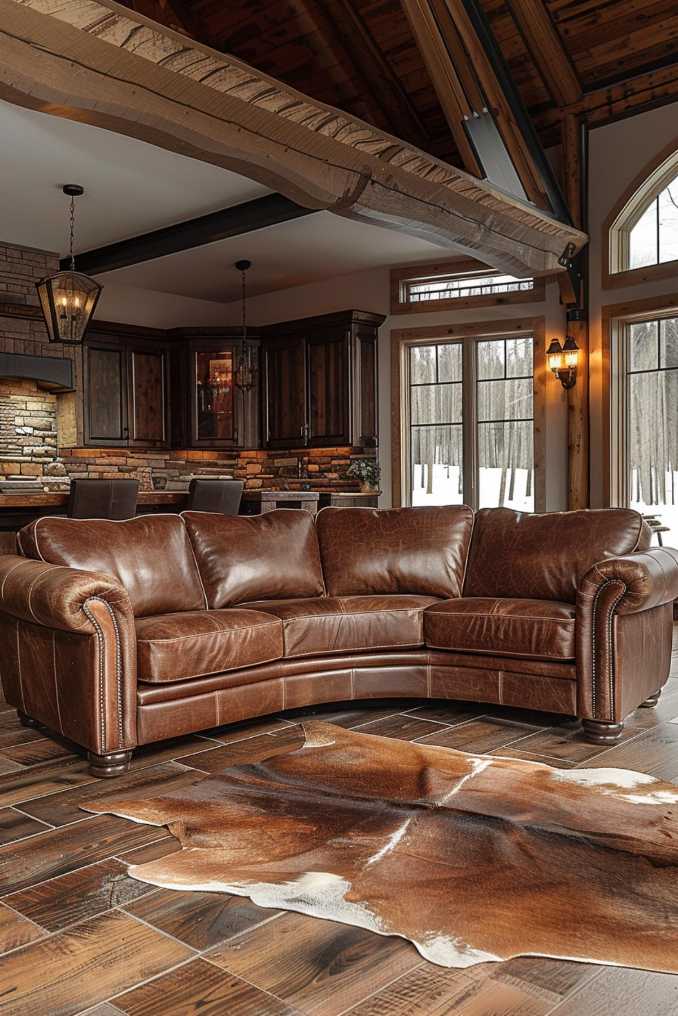 Overstuffed bison leather chairs set the stage for a living room where everything feels as endless and wild and beautiful as the plain itself.