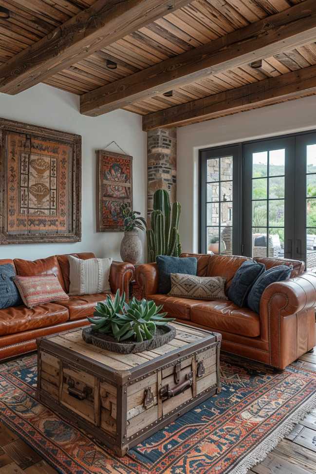 The space is dotted with green cacti and healthy succulents, offering a refreshing touch of life among the western-style bronzes and leathers.