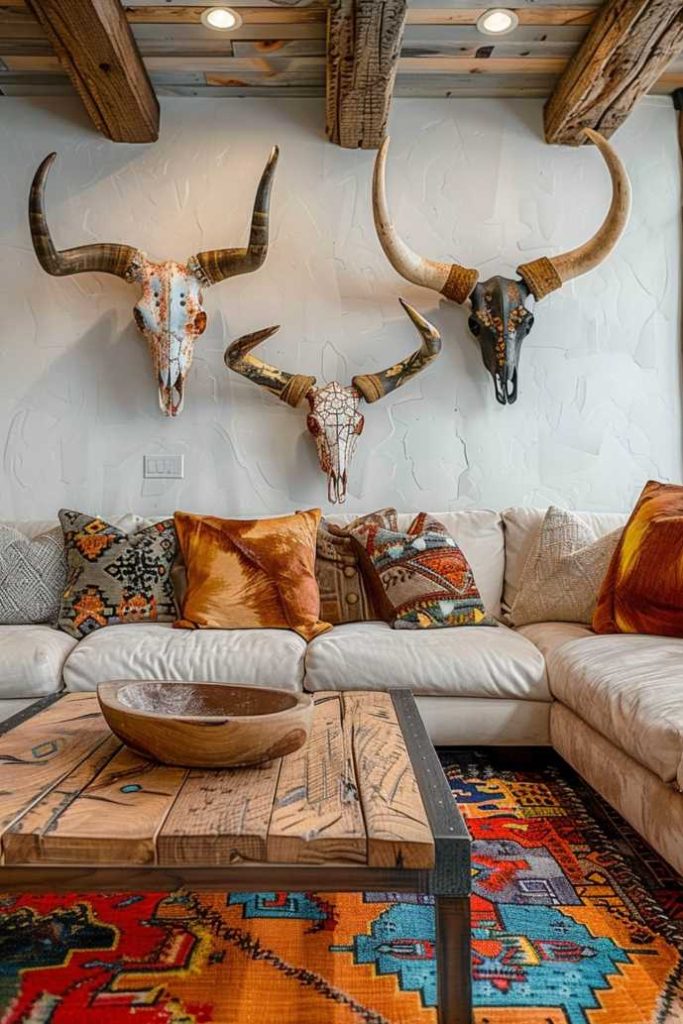 Painted longhorn pieces adorn the wall, complementing the scattered playful patterns and adding charm to the stately setting.