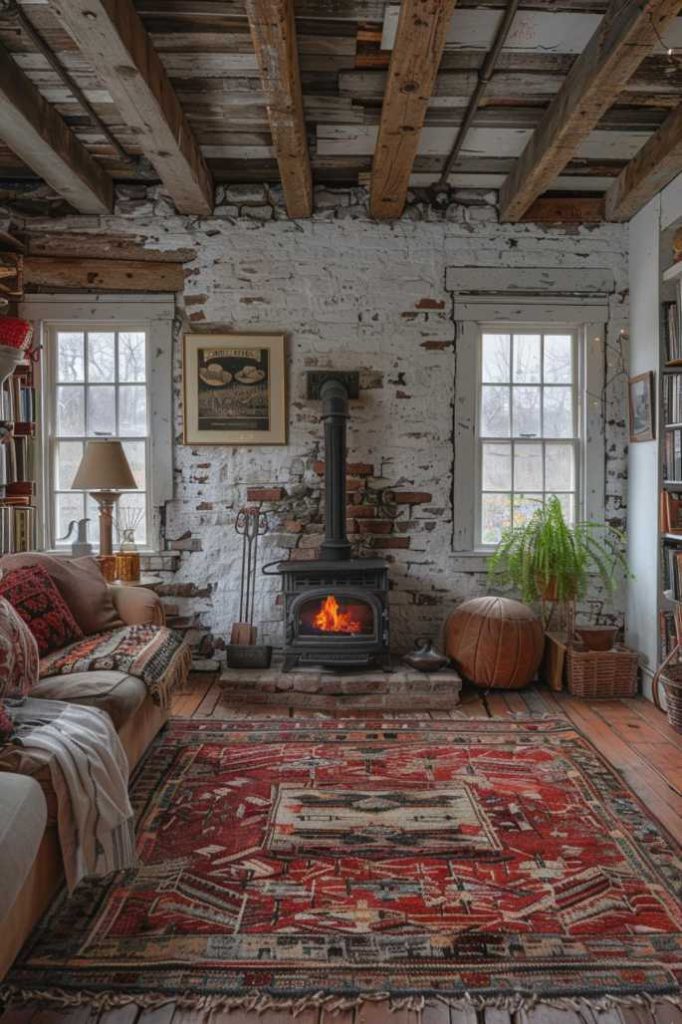 Worn wooden floors set the stage for nights of socializing and storytelling around an antique iron stove, creating the perfect vintage western atmosphere.