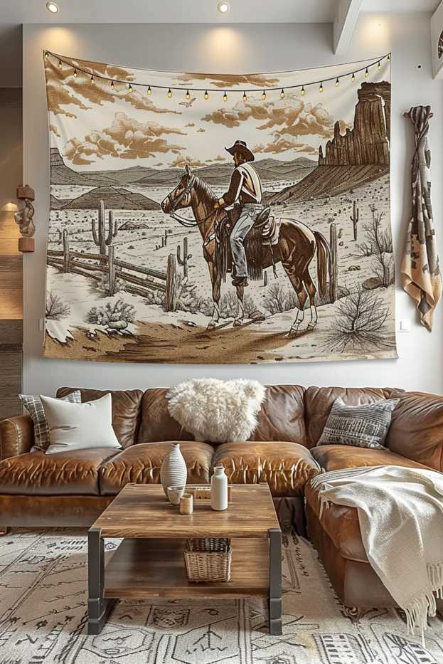 Large tapestries depicting desert scenes mixed with plush textiles mimic the soft undergrowth of the desert, creating a cozy den where you can almost hear coyote calls.