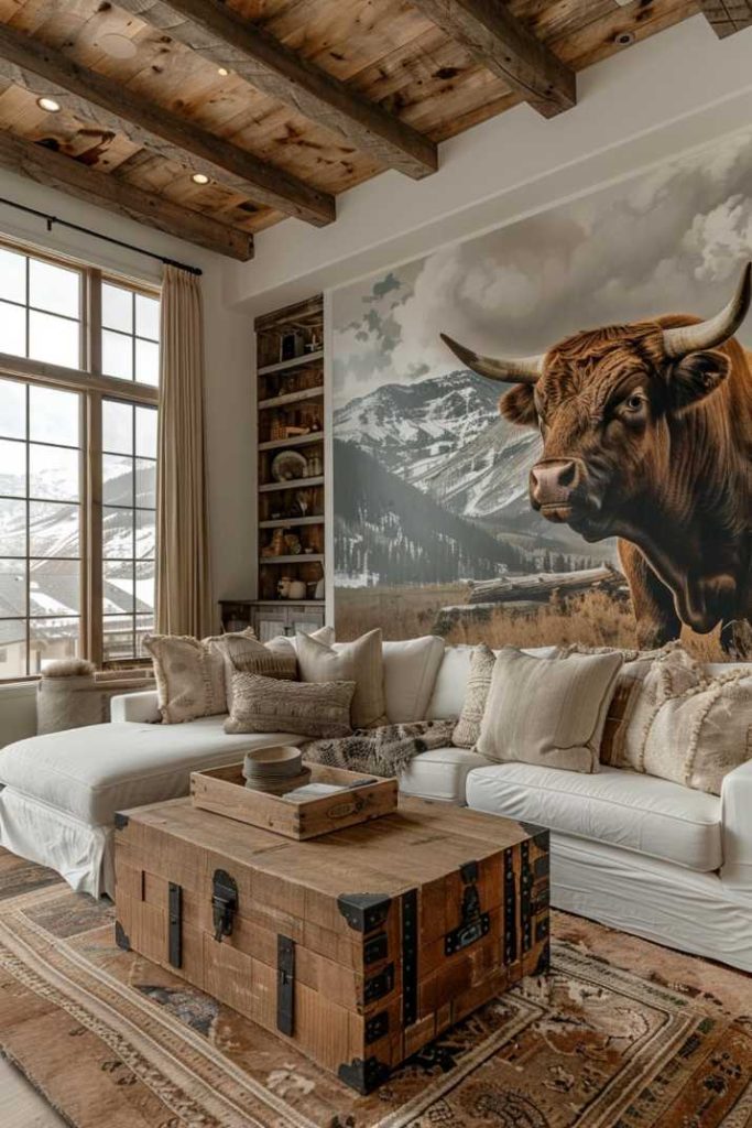 Murals depicting a bull add a sense of movement and life to an otherwise quiet meeting place.