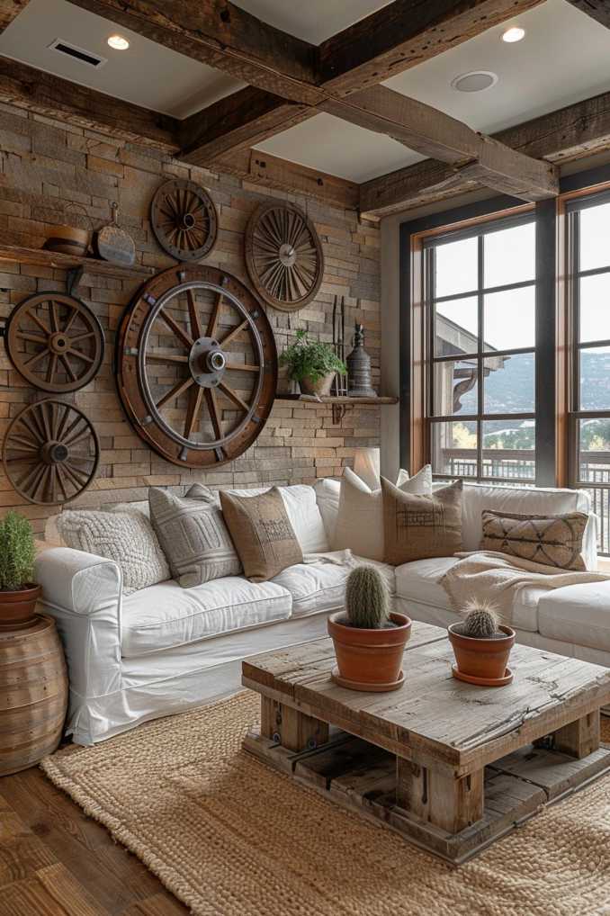 A wall of worn, rustic wagon wheels on a sturdy jute rug and terracotta pots suggests travel and discovery.