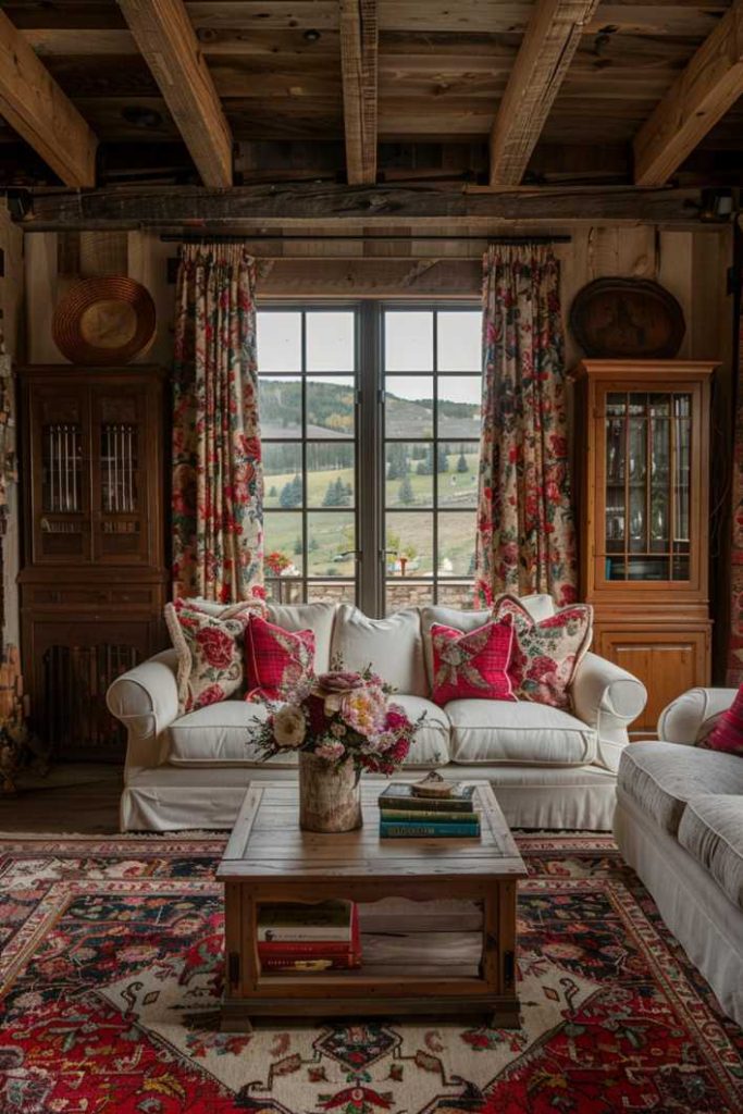 Amidst the masculine motifs, subtle floral accents on the curtains and cushions add a soft, feminine grace that adds a soft touch to a Western room.