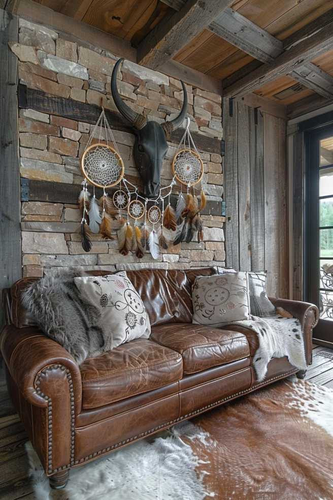 You'll admire how a wall made of a large bull's head figure and artfully arranged dream catchers becomes the focal point, combining the spirituality of the Wild West with contemporary design.