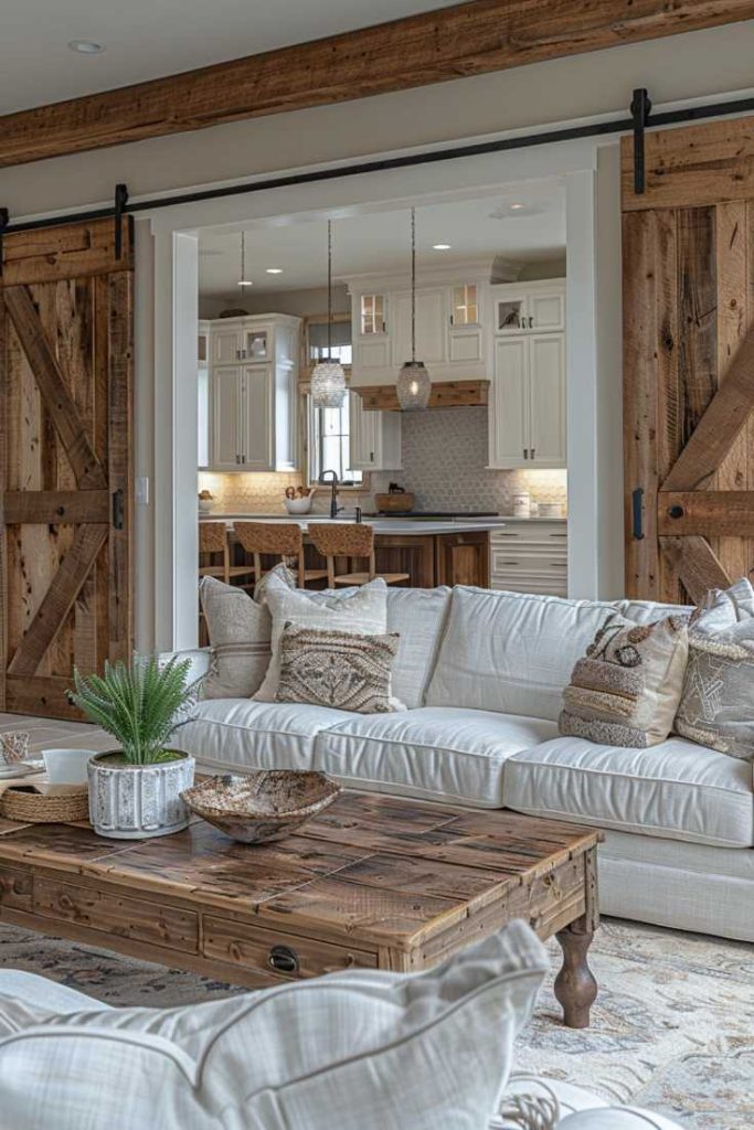 This living room features a mix of repurposed barn doors and modern furnishings that reflect the spirit of an imaginative homesteader.