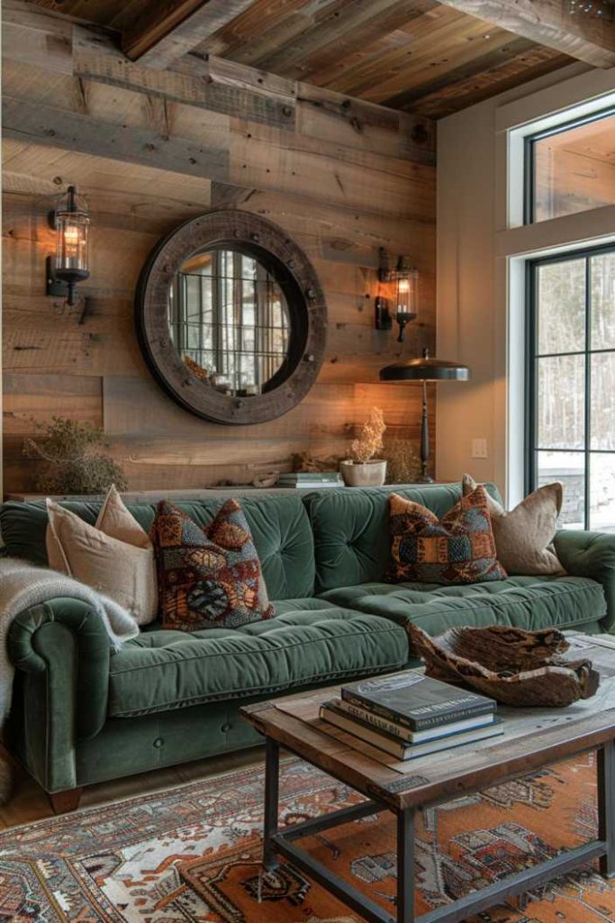 Inviting olive green upholstered mirrors and durable chaparral complemented by a backdrop of reclaimed wood wall panels add western style to your room.