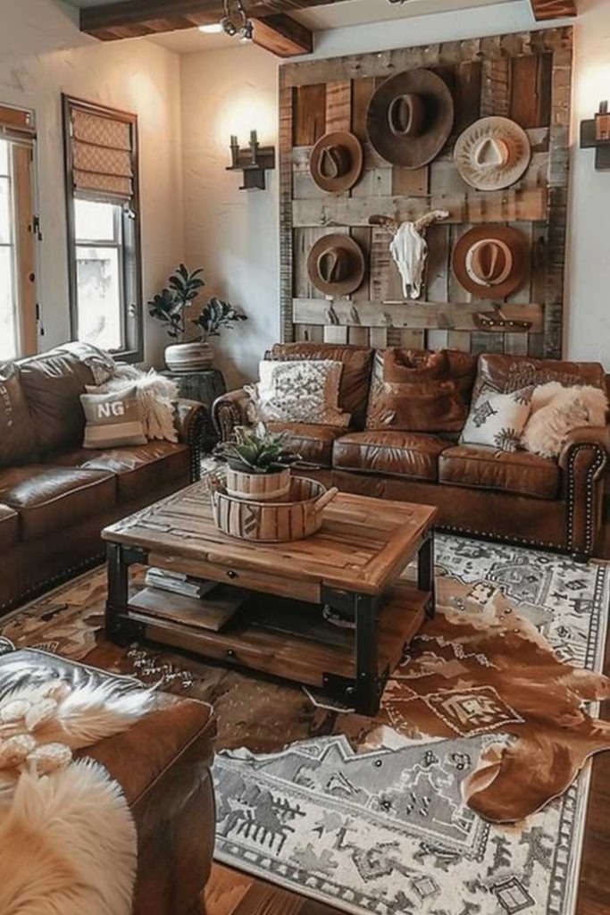 The wall adorned with a wooden board to display cowboy hats and a longhorn skull complements the room's sturdy, handcrafted furniture.