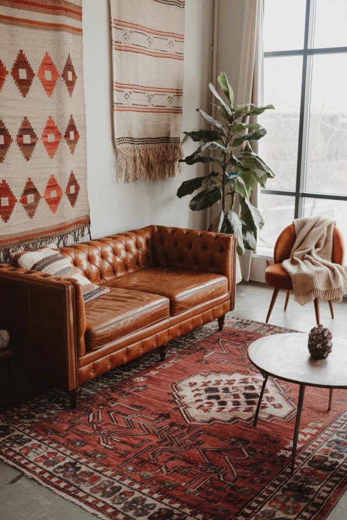 A cozy living room with a leather sofa, patterned rugs, textured wall hangings, a potted plant by the window and a wooden coffee table with a chair and blanket next to it.