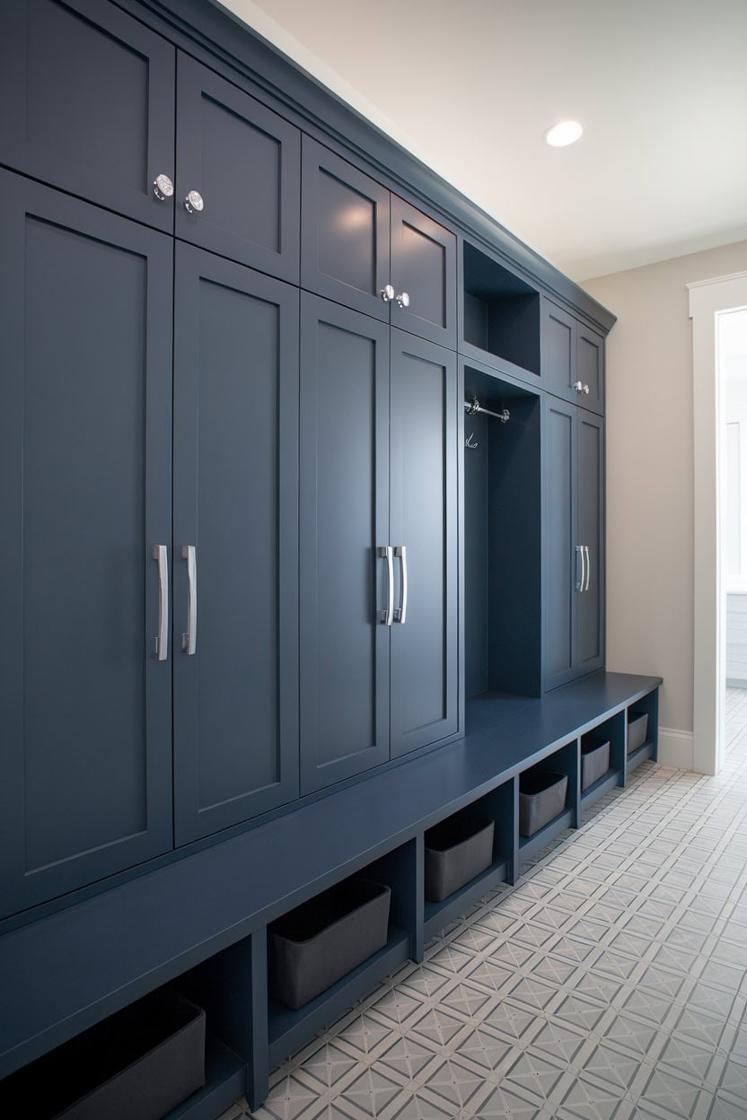 Modern wardrobes with flat doors in navy blue, elegant handles and a clear design.