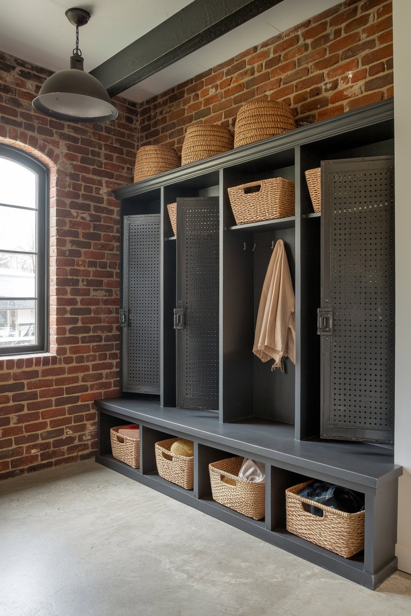 Industrial wardrobes with metal doors and wooden shelves