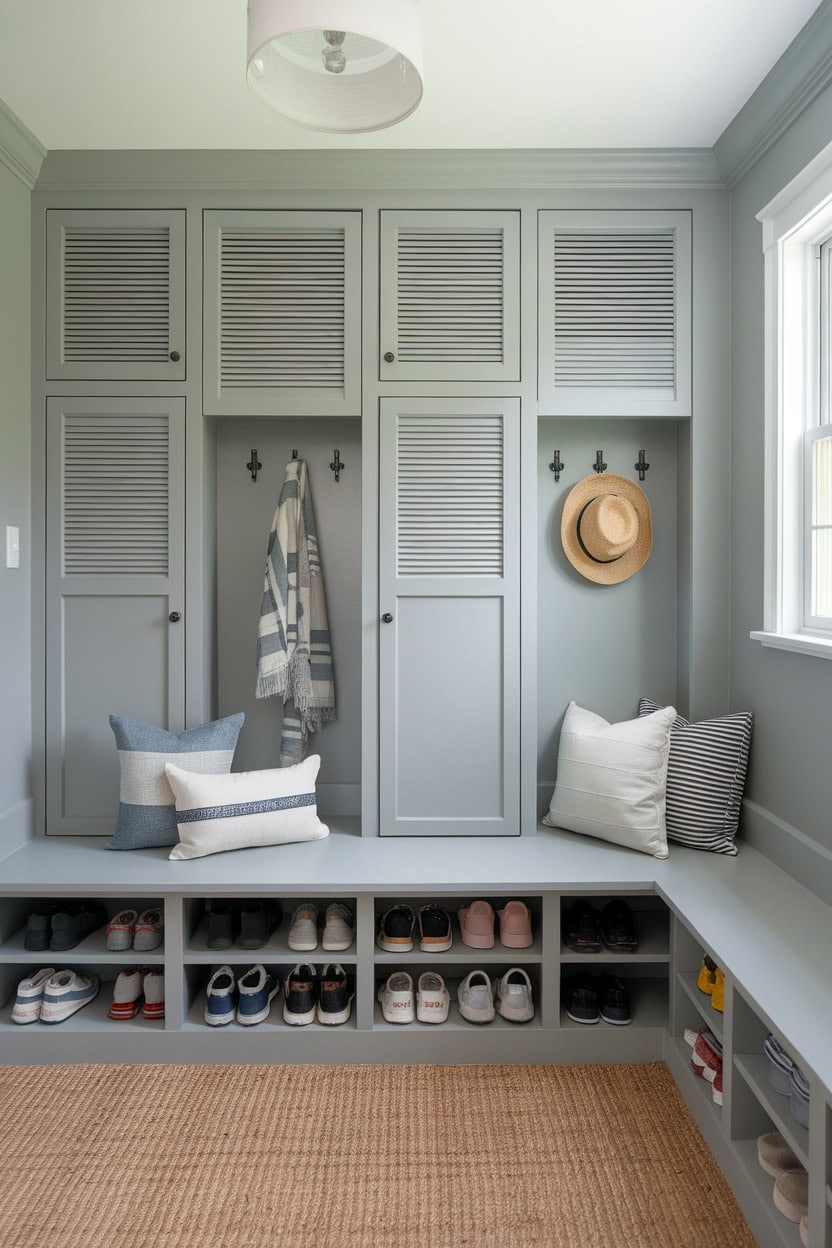 Cloakroom cupboards with slatted doors and cozy seating area.