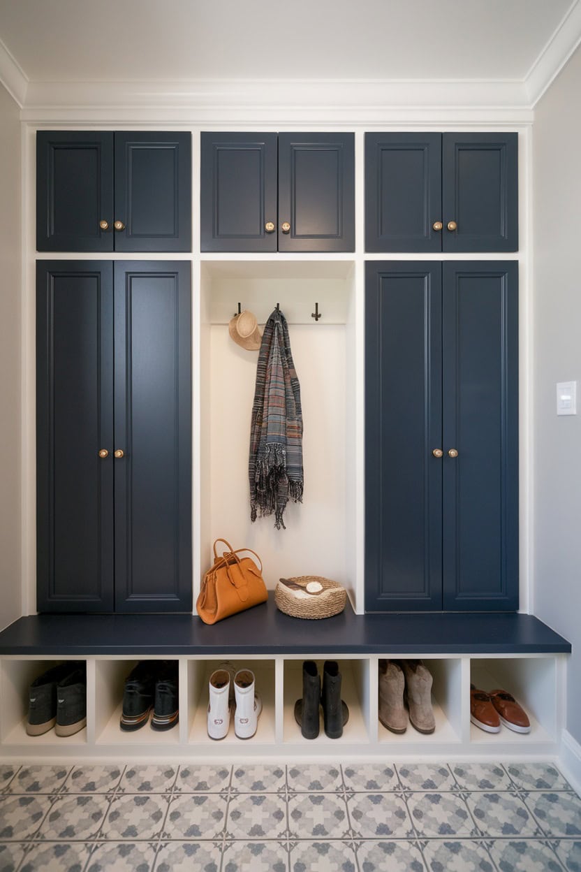 Two tone wardrobes with top and bottom doors in navy blue and white