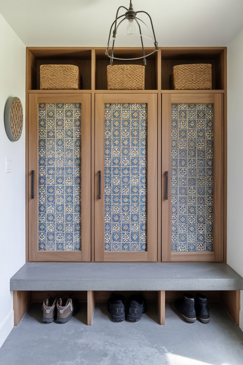 Cloakroom cupboards with patterned tile inlay doors and a concrete bench